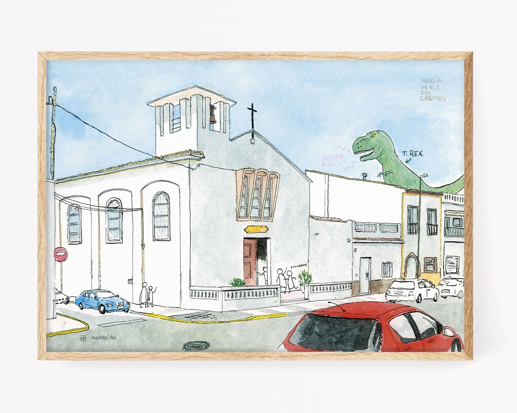 Dipinto decorativo della Chiesa di Nostra Signora del Monte Carmelo sulla spiaggia di Oliva, Valencia - Stampe da incorniciare con illustrazioni ad acquerello non basate su fotografie. Villaggi di La Safor