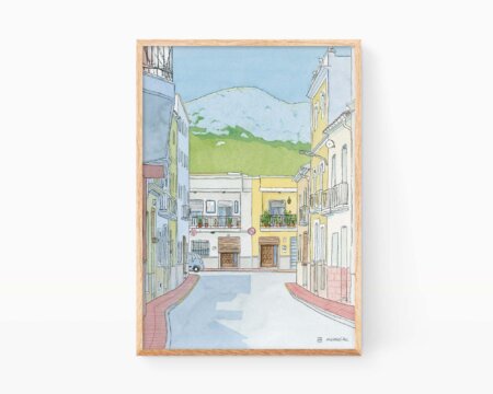 Print with a watercolor drawing of the village of Xeresa in La Safor, Valencia. Contemporary ukiyo-e paintings.
