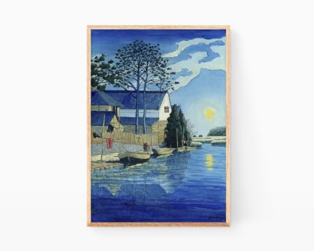 浮世絵版画、現代美術。川瀬巴水による水彩画をあしらった版画。日本の村の夜景を描いたもので、船、川、月、そして数軒の家々が描かれている。.