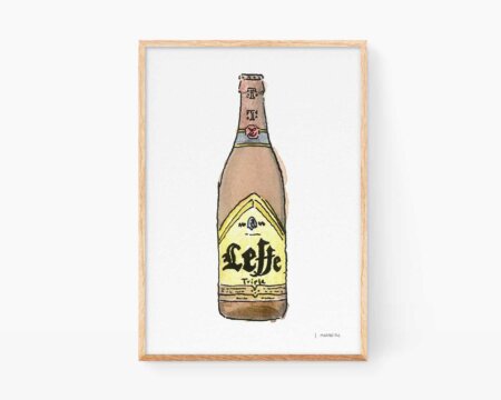 Stampe decorative per la cucina con l'illustrazione della birra artigianale belga Leffe. Una stampa incorniciabile con un moderno disegno ad acquerello per gli amanti della cultura belga.