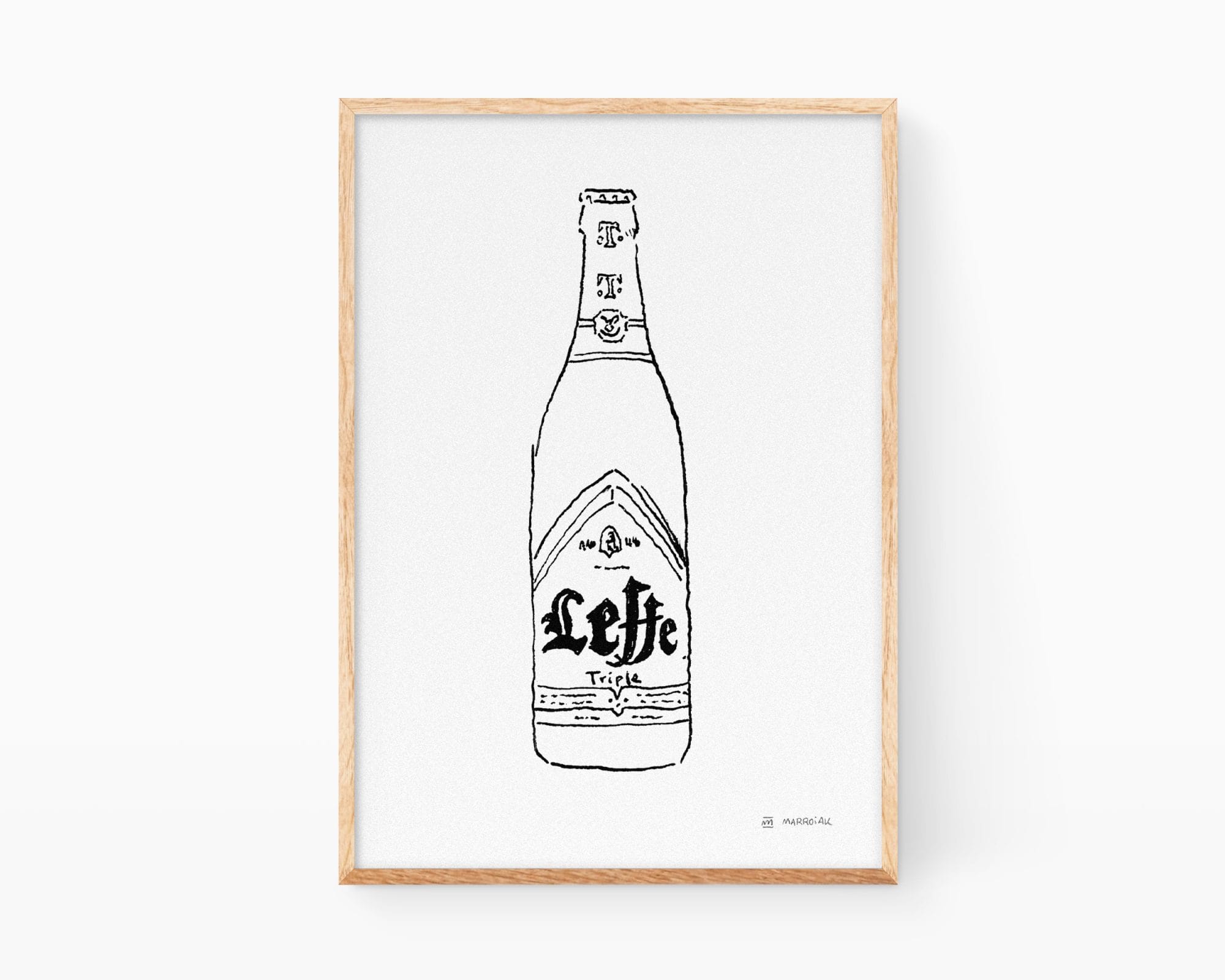 Stampa decorativa in bianco e nero di una bottiglia di birra belga, Leffe. Stampe per arredamenti nordici e scandinavi. Design minimalista.