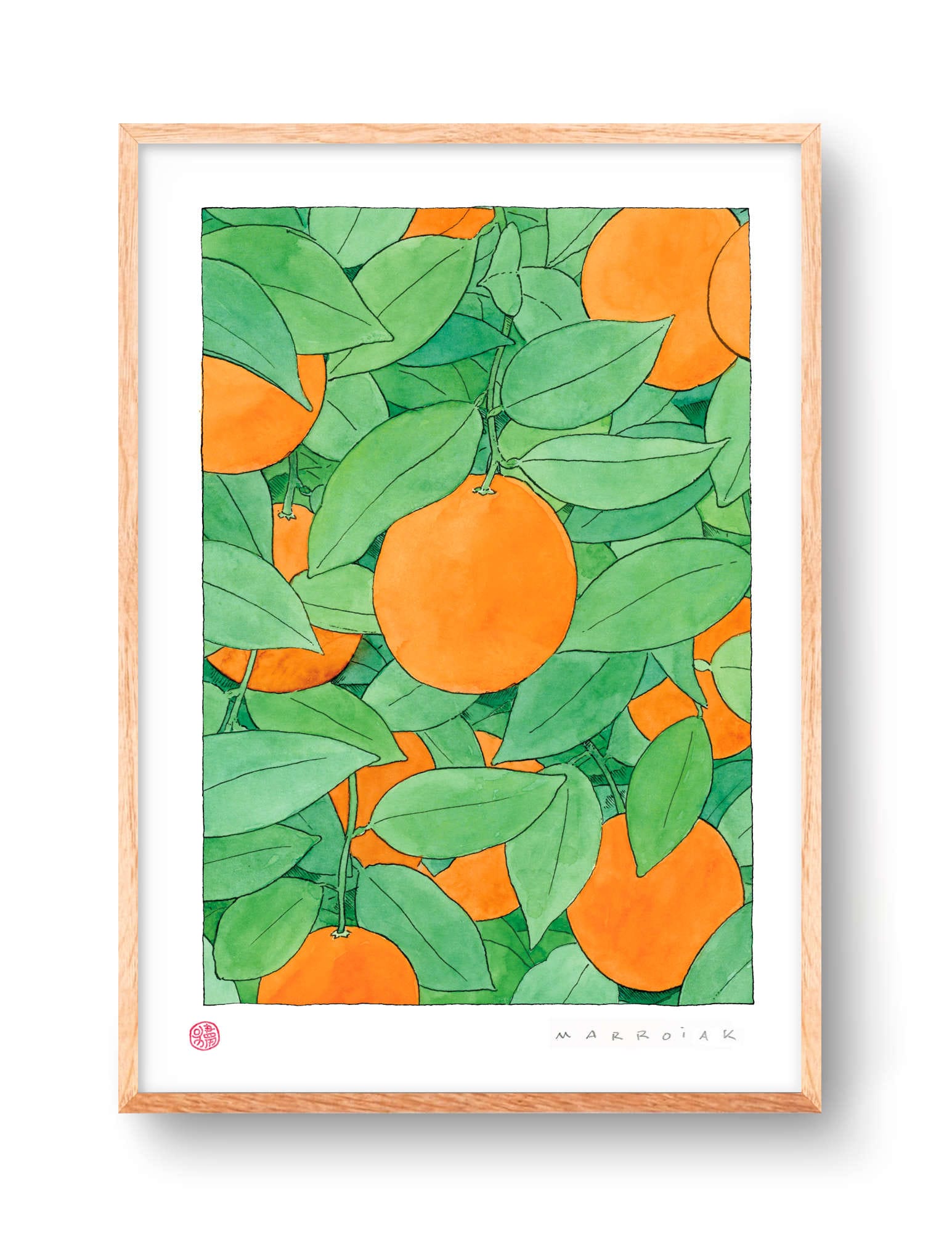 Quadro decorativo per la cucina raffigurante arance e foglie d'arancio su un albero. Stampe della cultura e dell'agricoltura valenciana. Disegno ad acquerello.