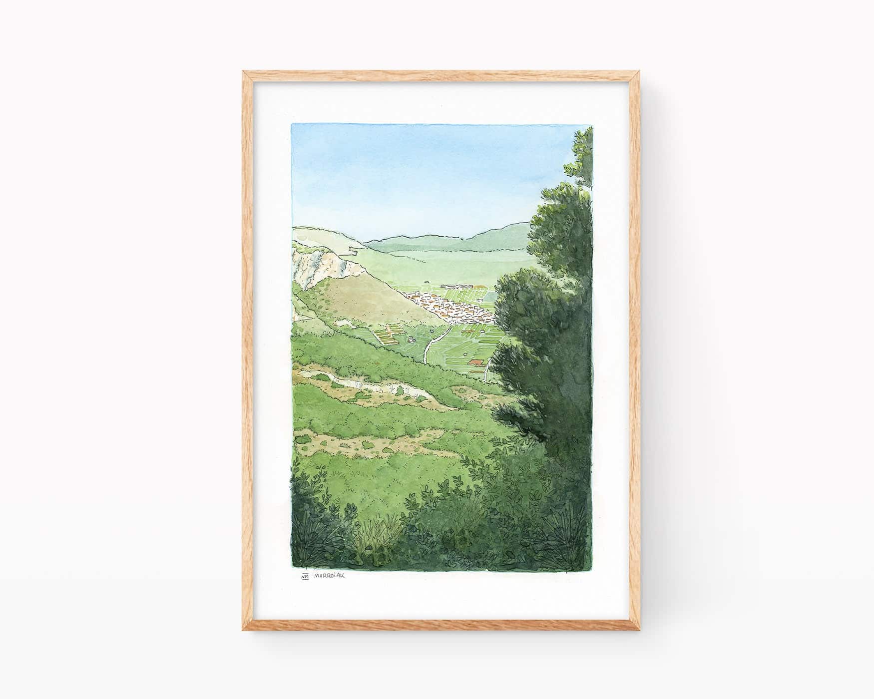 ラ・サフォル、特にシマト・デ・ラ・ヴァルディーニャの風景を描いた水彩画のプリント。浮世絵風。ラ・サフォールの村々