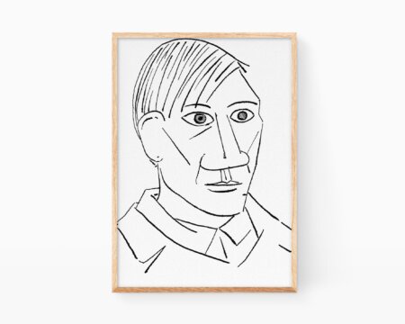パブロ・ピカソの額装版画。キュビスムの自画像を白黒で描いた装飾版画。紙にインクで描かれた作品。線描による現代美術。.