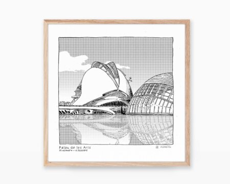 Stampe di Valencia. Stampa decorativa con un disegno in bianco e nero del Palazzo delle Arti nella capitale della Comunità Valenciana. Illustrazioni di arte moderna e architettura della Città delle Arti e delle Scienze.