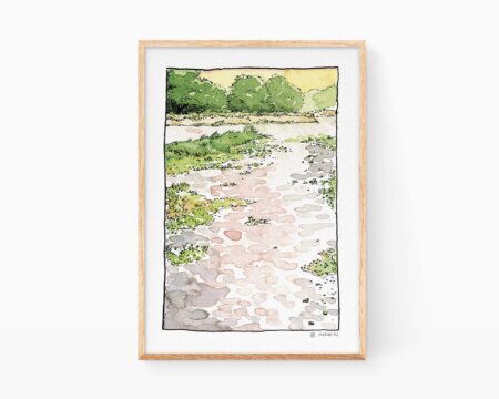 ネパールの風景画。チトワン国立公園の夕日を描いた印象派風のコミックプリント。自然イラスト。