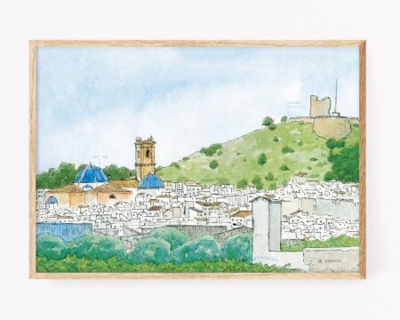 View of the village Oliva, Valencia - Decorative picture to frame with a printed plate on museum paper - Prints with drawings of landscapes of the region of La Safor not based on photos. Santa Anna Castle and Sant Roc Church. Drawings and photos of Oliva village