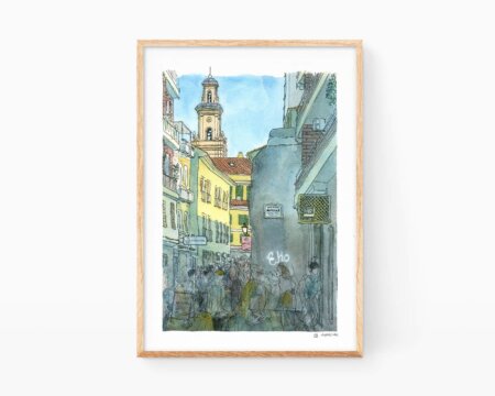 Picture to frame with a watercolor illustration of Carrer de la Delicada in Gandia, Valencia. Collegiate church and shopping area. Towns of La Safor