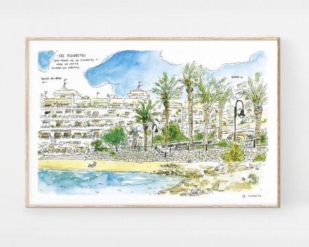 Disegno di Ibiza. Illustrazione ad acquerello e inchiostro della spiaggia urbana di Ses Figueretes nella città di Ibiza, nelle Isole Baleari, nello stile degli urban sketchers.