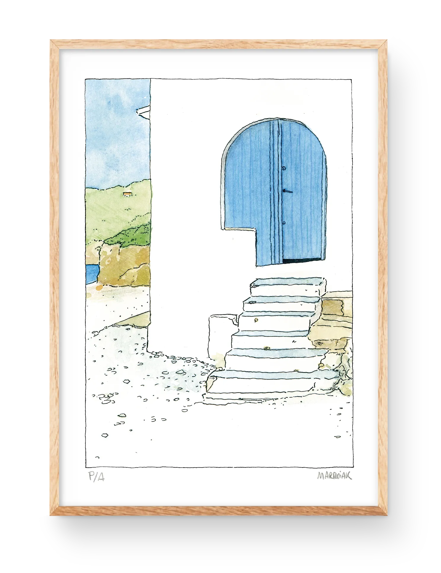 Dipinto di una porta-spiaggia blu a Cala Portichol, Javea. Acquerelli di spiagge mediterranee.
