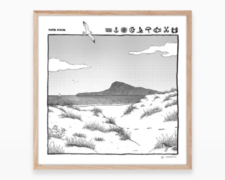 Original black and white silkscreen with a drawing of the beach of Oliva and Denia with the Montgó and the sea in the background. Art from Valencia. Towns of La Safor