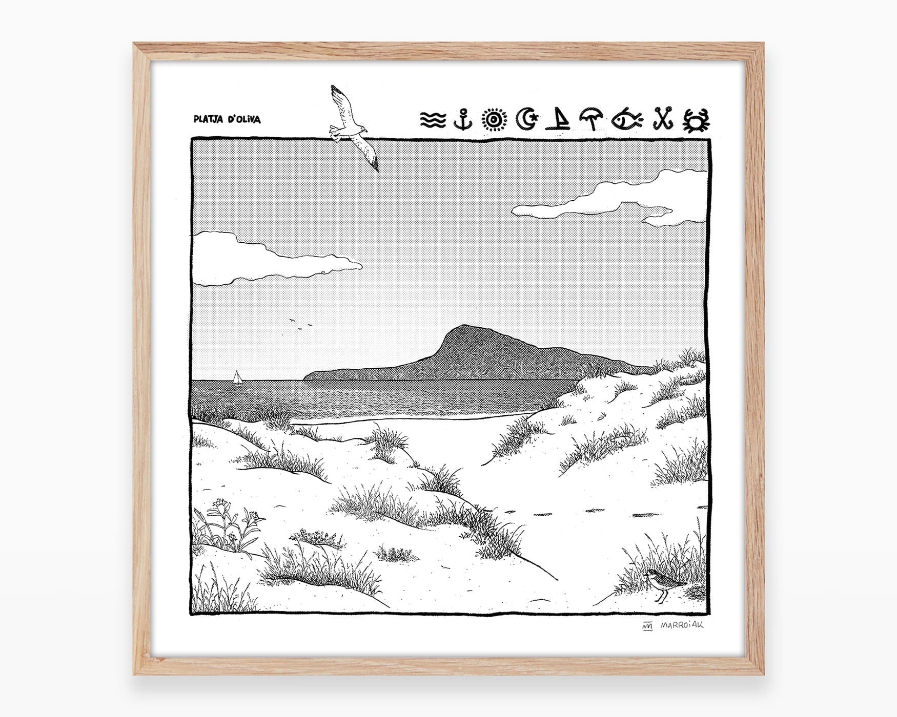 オリバとデニアの海岸線、背景にはモンゴ山と海を描いた、オリジナルの白黒シルクスクリーン版画。バレンシアの芸術作品。ラ・サフォル地方の村々。