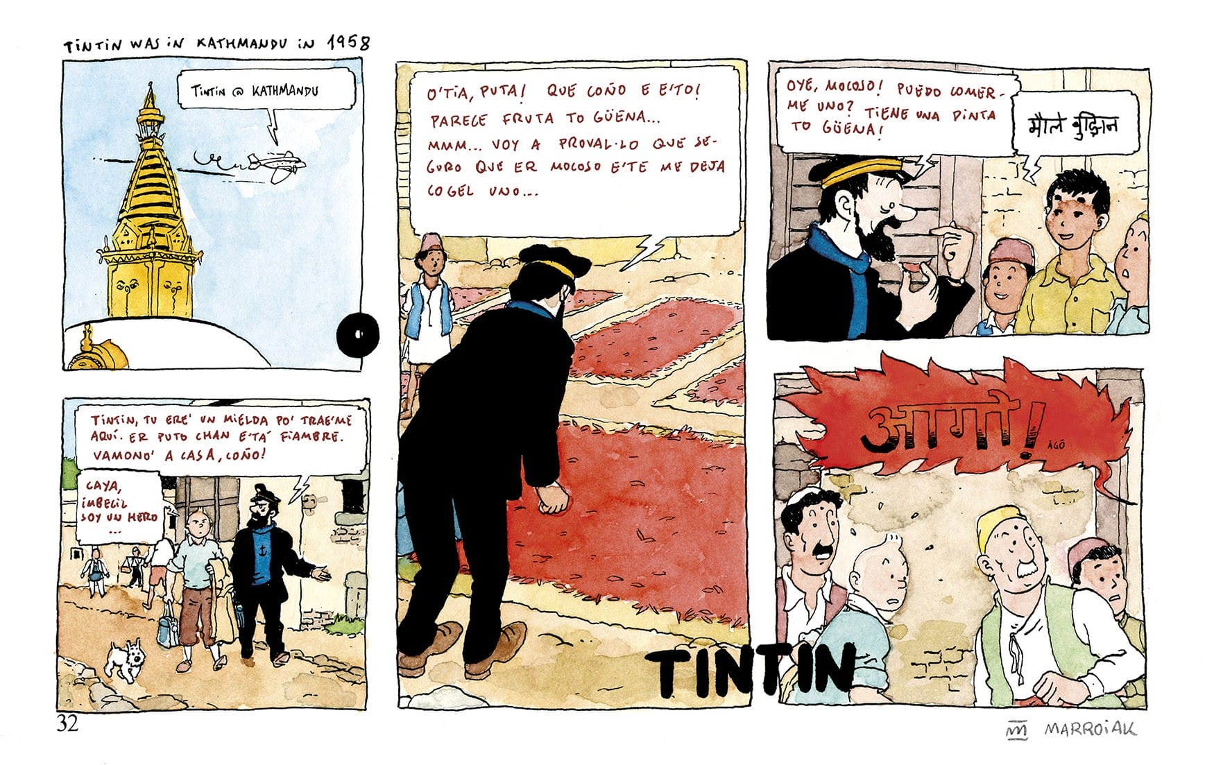 Parodie-Drucke zu Tim und Struppi, darunter „Tim in Tibet“. Ein Comic mit Kapitän Haddock, Struppi und Tim, die durch Kathmandu in Nepal schlendern. Witzige Drucke zum Einrahmen.