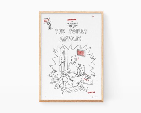 Illustrazione di Tintin. Stampa con illustrazione a inchiostro su carta, in bianco e nero, pronta per essere incorniciata. Parodia della copertina di un fumetto.