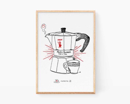 Cuadro divertido para cocinas con un dibujo en blanco y negro de una cafetera antigua y vintage italiana Bialetti.Láminas ilustraciones para enmarcar y comprar online