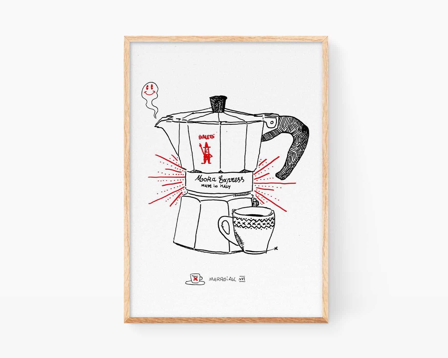 Cuadro divertido para cocinas con un dibujo en blanco y negro de una cafetera antigua y vintage italiana Bialetti.Láminas ilustraciones para enmarcar y comprar online