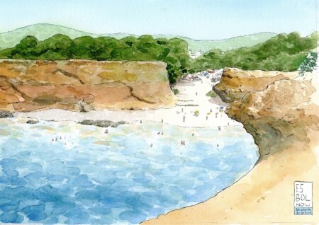 Ibiza Pictures: Stampa con illustrazione ad acquerello della spiaggia di Es Bol Nou (Sa Caleta) sull'isola di Ibiza. Stampe con disegni di viaggio.