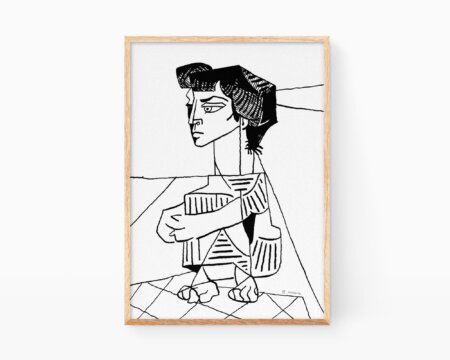 Dipinti di Pablo Picasso. Illustrazione decorativa di una donna seduta in stile cubista, in bianco e nero. Stampe per arredare case in stile nordico e minimalista con disegni lineari e moderni.