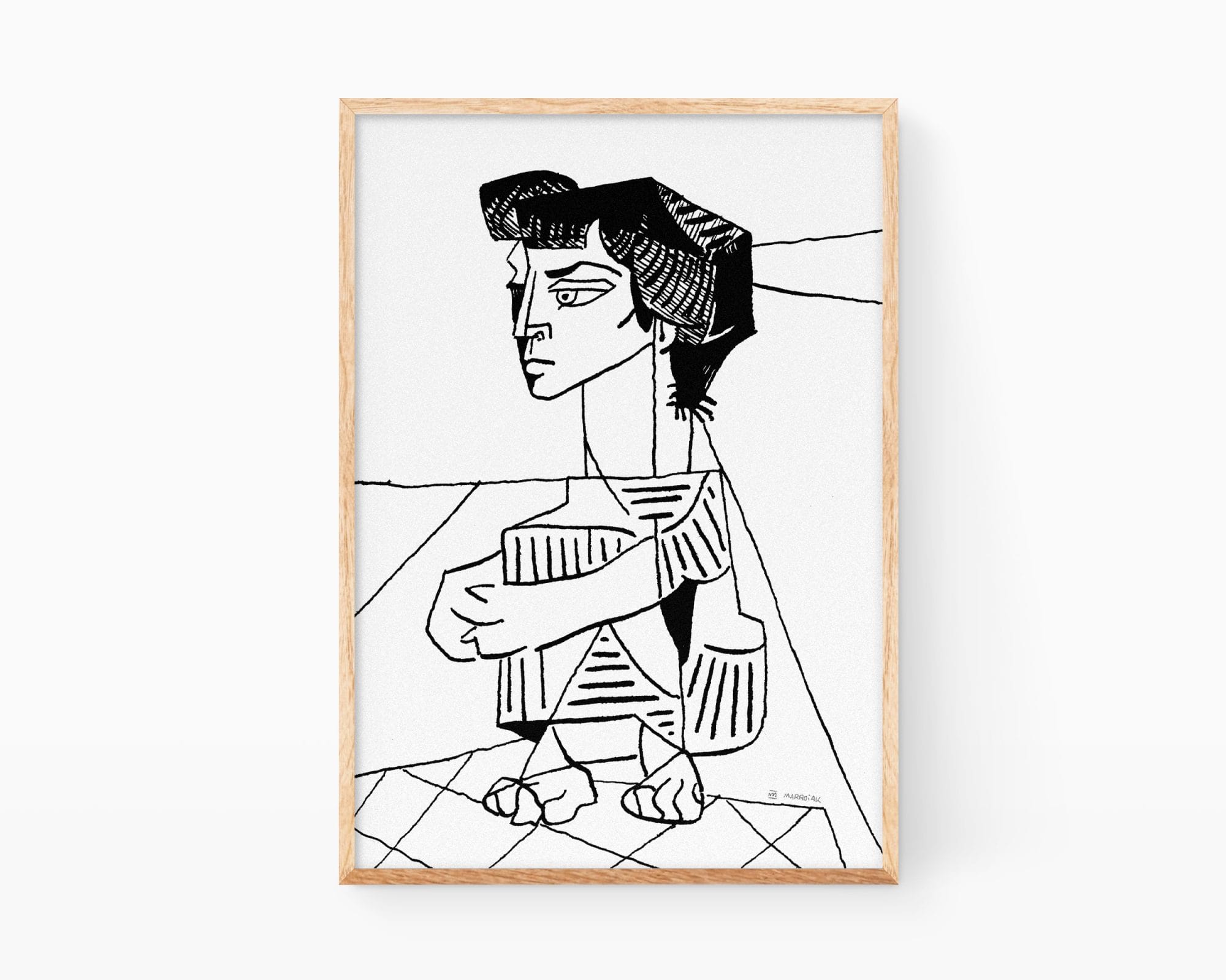 パブロ・ピカソの絵画。キュビスム様式で描かれた、座った女性をモチーフにした装飾的なプリントイラスト(白黒)。線画やモダンなイラストで、北欧風やミニマルスタイルのインテリアを彩るプリントです。.
