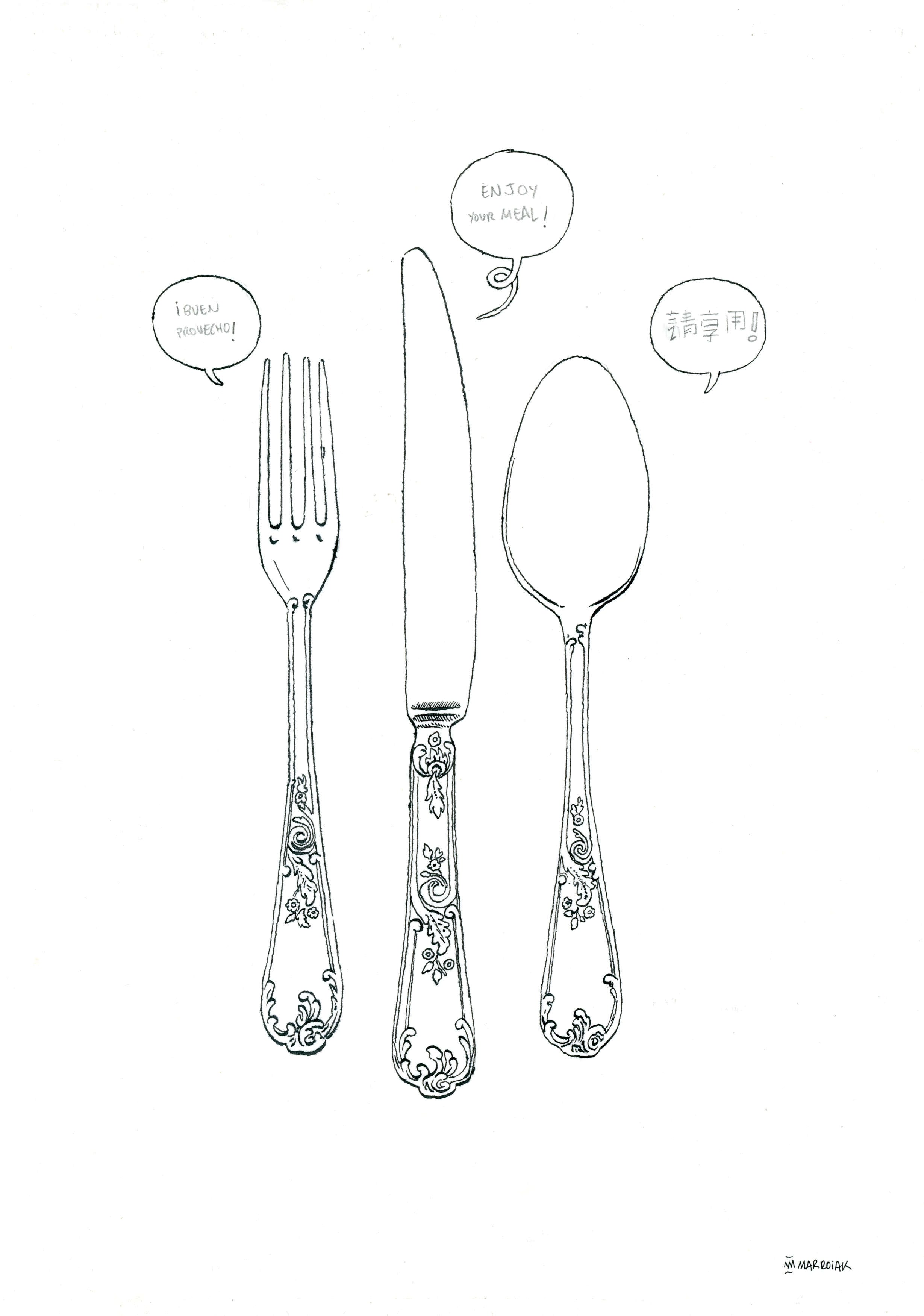 Original ink drawing of cutlery up for auction