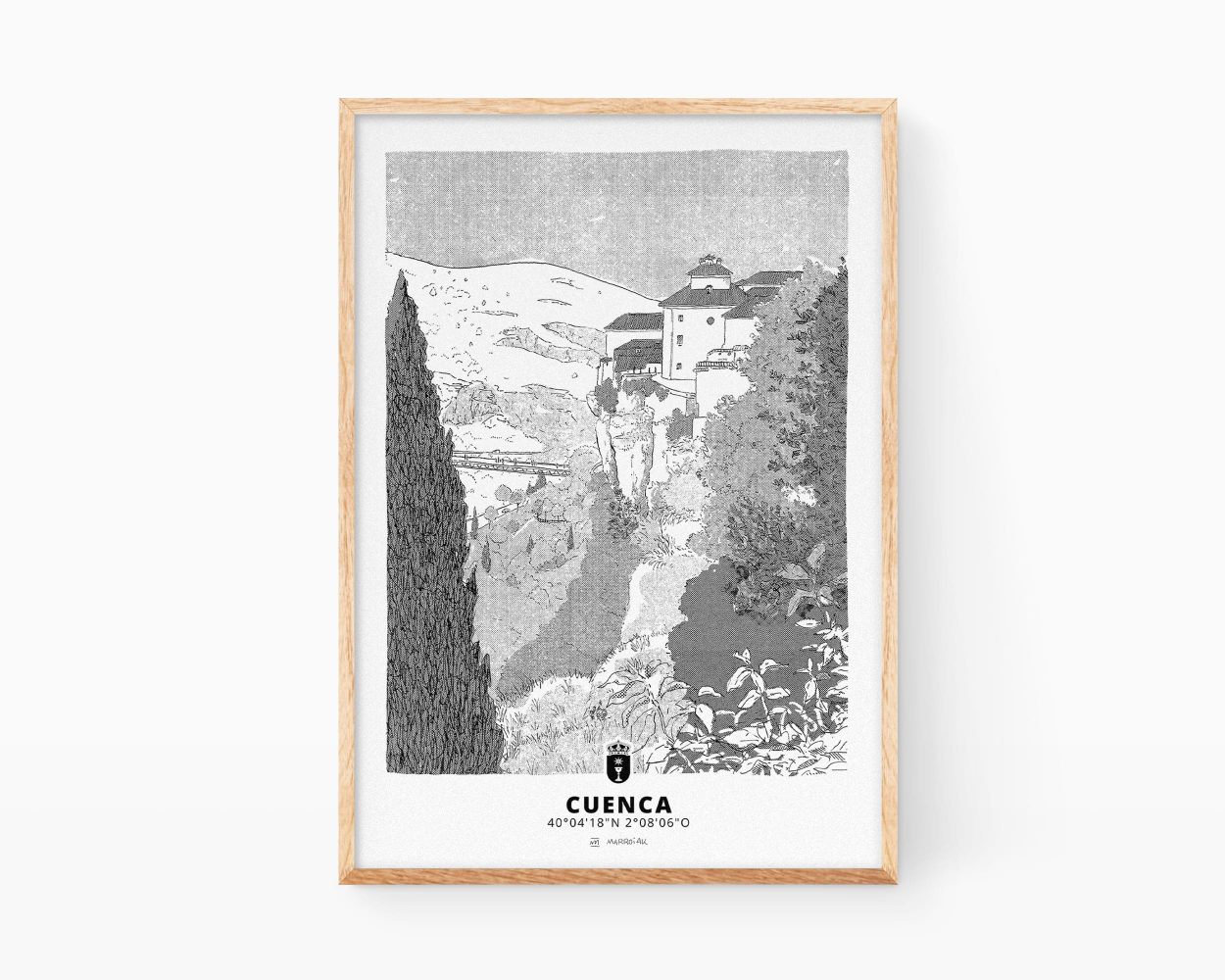 Cuenca wall art print. Travel poster of Spain with a black and white landscape