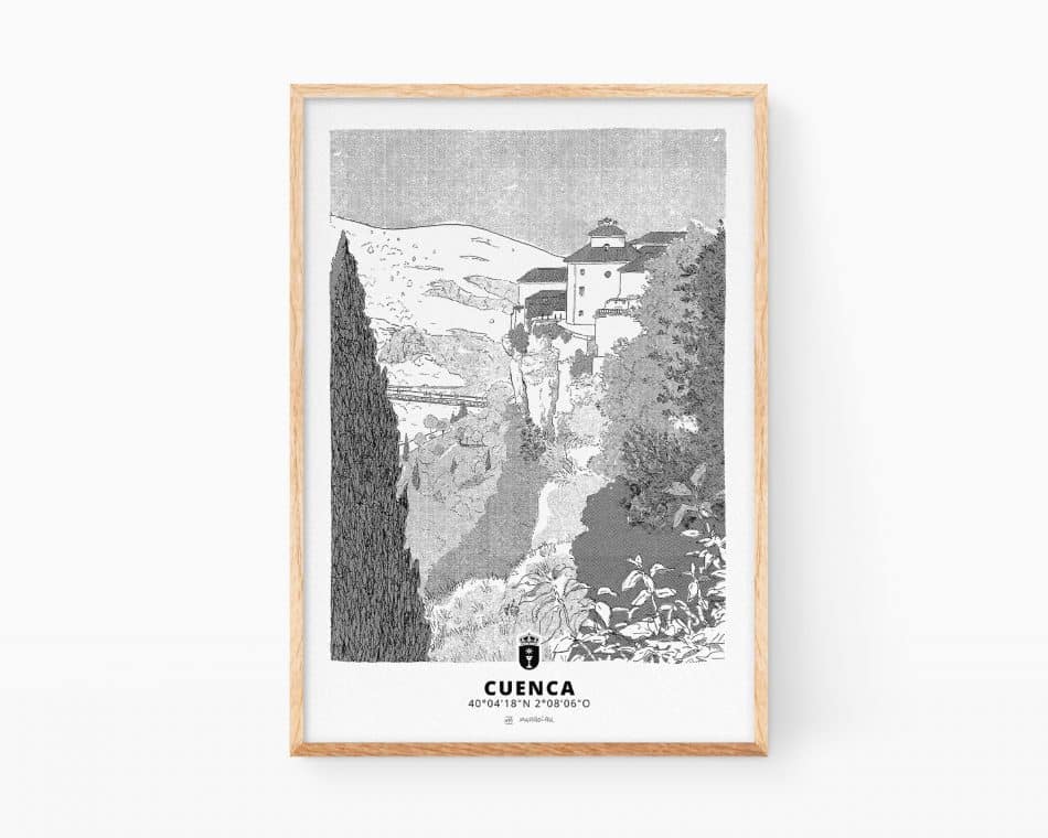 Cuenca wall art print. Travel poster of Spain with a black and white landscape