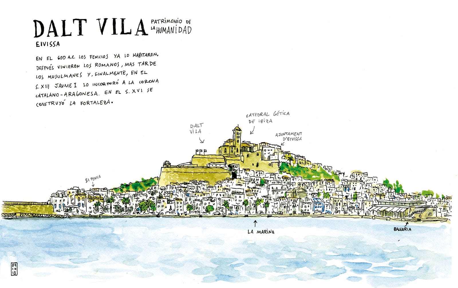 Watercolor drawing dalt vila Ibiza. Illustration from the book illustrated notebook