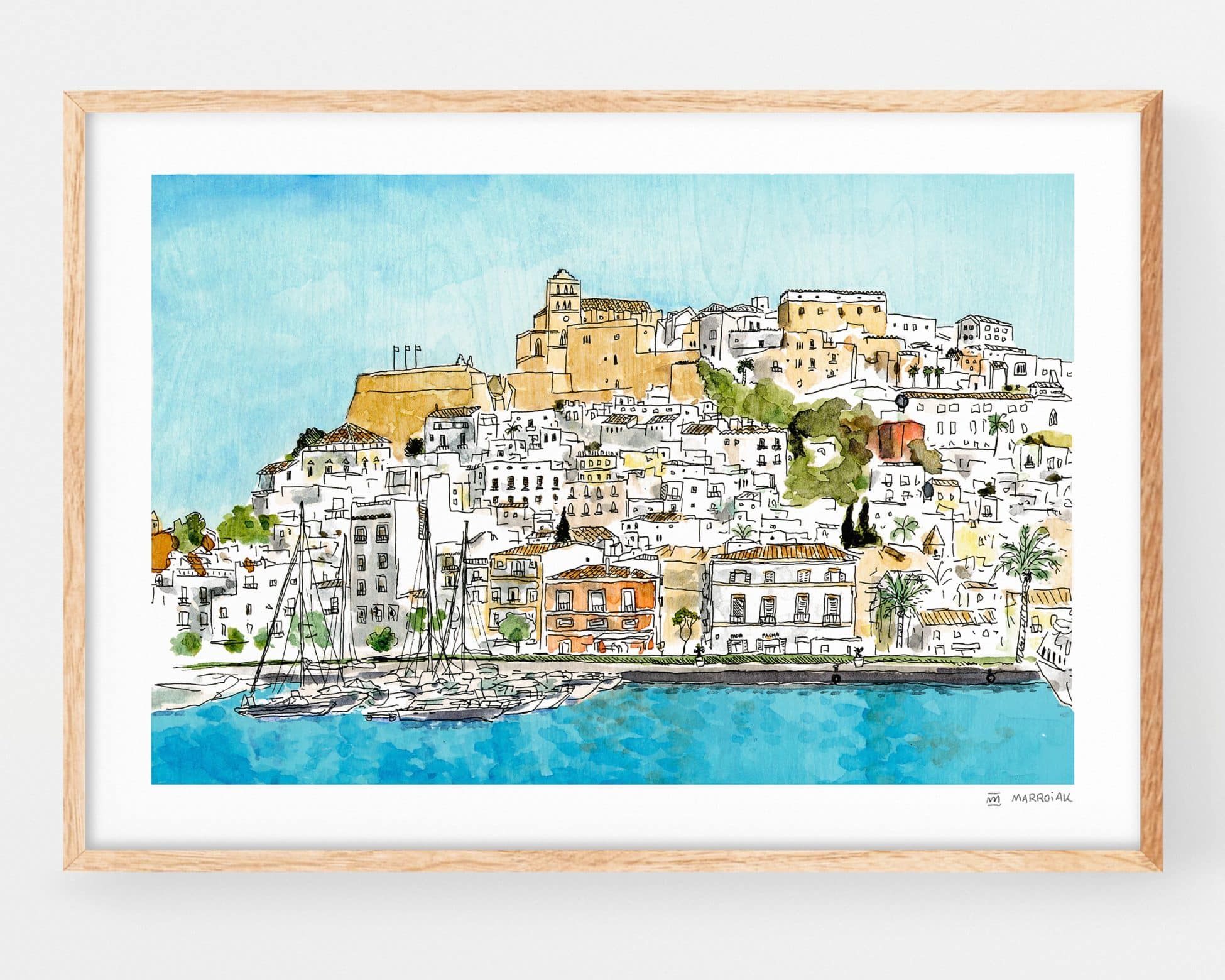 Illustration print of Dalt Vila, Ibiza. Spain and Mediterranean watercolor travel posters