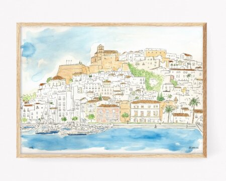 Original watercolor of Dalt Vila, Ibiza. Decorative pictures for framing with images of Eivissa and its old historical center. Illustrations of the Balearic Islands.