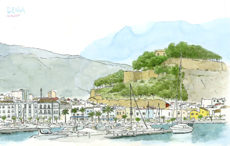 Print image of the port of Denia (Marina Alta), watercolor illustration