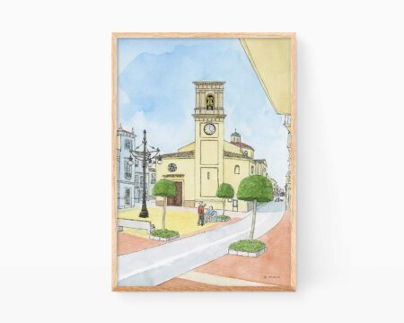 Disegni di Miramar a La Safor (Valencia). Illustrazioni di viaggio ad acquerello di chiese della Comunità Valenciana e di città costiere. Parrocchia di Sant Andreu in una città della regione.