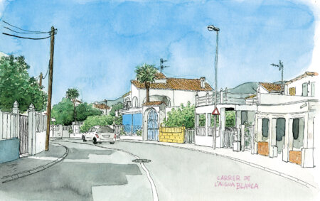 Stampa decorativa da incorniciare con l'illustrazione della spiaggia di Oliva a Valencia. Immagine di via Agua Blanca.