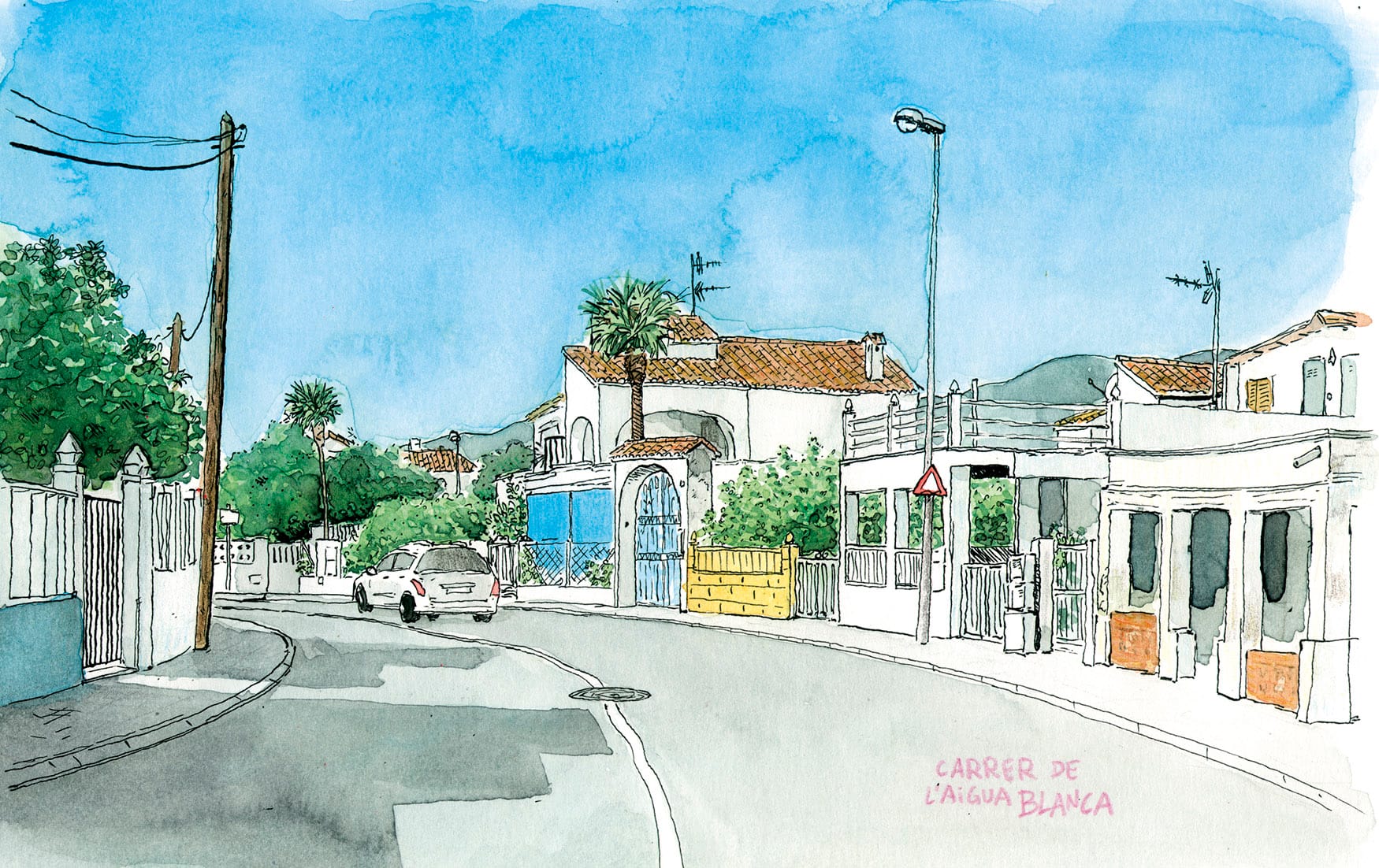 Decorative picture to frame with an illustration of the beach of oliva valencia. Picture of agua blanca street