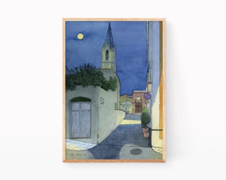 Drawings and photos of towns of Valencia. Illustration of a street and the church of Palma de Gandia, municipality of La Safor at night.
