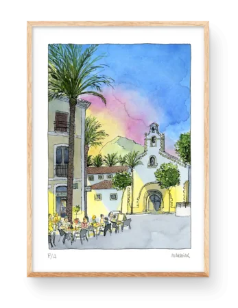 Lámina ilustración en acaurela de un atardecer en una plaza del pueblo de Javea en la Marina Alta, Alicante. Al fondo un paisaje del Montgó. Marroiak