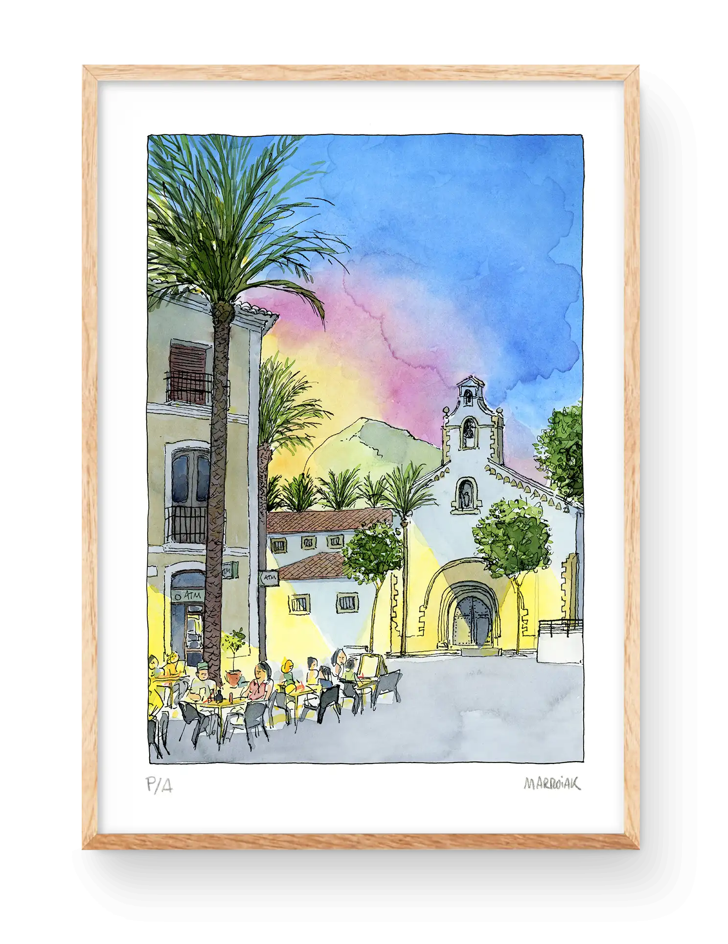 Illustrazione ad acquerello di un tramonto in una piazza di Jávea, Marina Alta, Alicante. Sullo sfondo, un paesaggio del monte Montgó. Marroiak