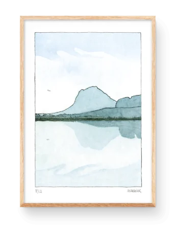 デニア近くのペゴ・オリバ湿地から見たモンゴ山の水彩画。イラスト:Marroiak
