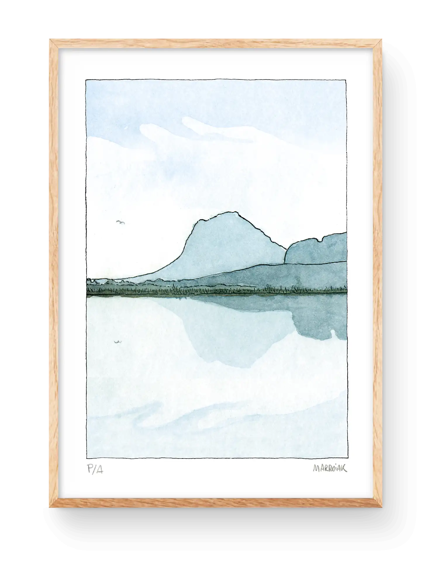デニア近くのペゴ・オリバ湿地から見たモンゴ山の水彩画。イラスト:Marroiak