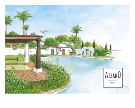 Illustrazione ad acquerello di Ibiza, raffigurante il lussuoso hotel rurale Hotel Atzaró sull'isola di Ibiza, Isole Baleari (Spagna). Paesaggio marino mediterraneo.