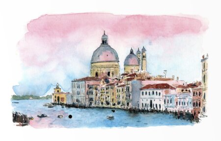 Disegno originale ad acquerello del tramonto veneziano marroiak