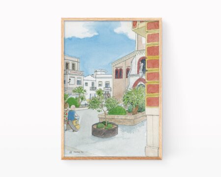 Drawing in watercolor village Bellreguard in La Safor, Valencia