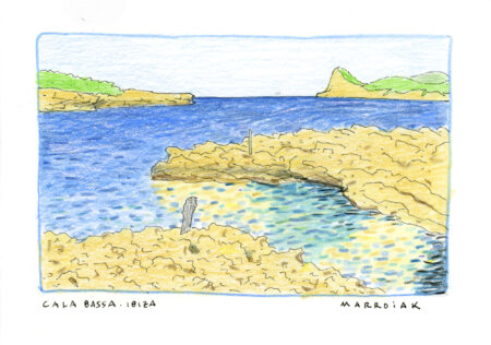 Disegno di Cala Bassa. Cartolina artistica da Ibiza
