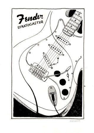 Drawing of an original Fender Stratocaster guitar at auction
