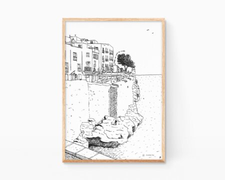 Decorative illustration with a black and white landscape of the town of Peñiscola in the province of Castellón. Sketch drawing urban sketchers style.