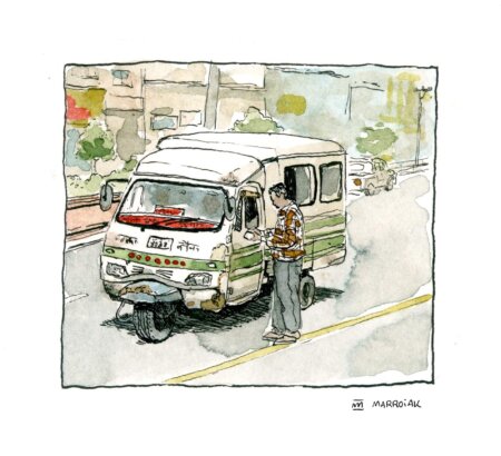 Disegno di un veicolo in Nepal, Kathmandu. Scena di strada urbana.