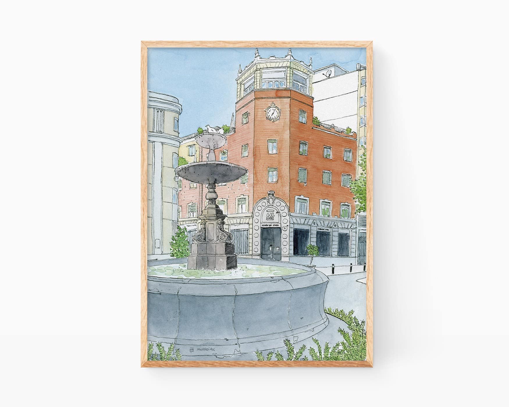 Disegni di Gandia a La Safor (Valencia). Acquerello del Paseo Germanías con illustrazione dell'edificio della CaixaBank e della fontana. Paesaggi urbani in stile sketcher in Spagna.