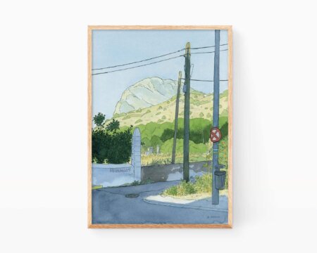 Disegni di città della Comunità Valenciana. Stampa con illustrazione ad acquerello del monte Montgó visto da via Santísimo Cristo del Mar a Xàbia (Jávea), nella regione Marina Alta di Alicante. Dipinti di paesaggi spagnoli.