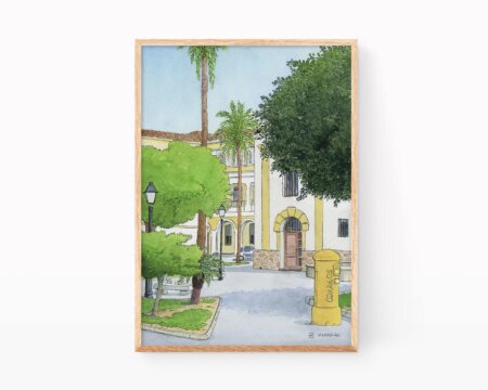 バレンシア州ラ・サフォルのシェラコにある広場の絵。木々と教会。