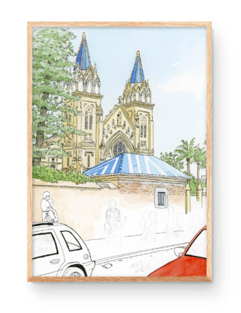 Drawings villages of Valencia, Print with an illustration of the school of Las Esclavas in the town of Benirredrà and Gandía in the Safor. Watercolor on paper