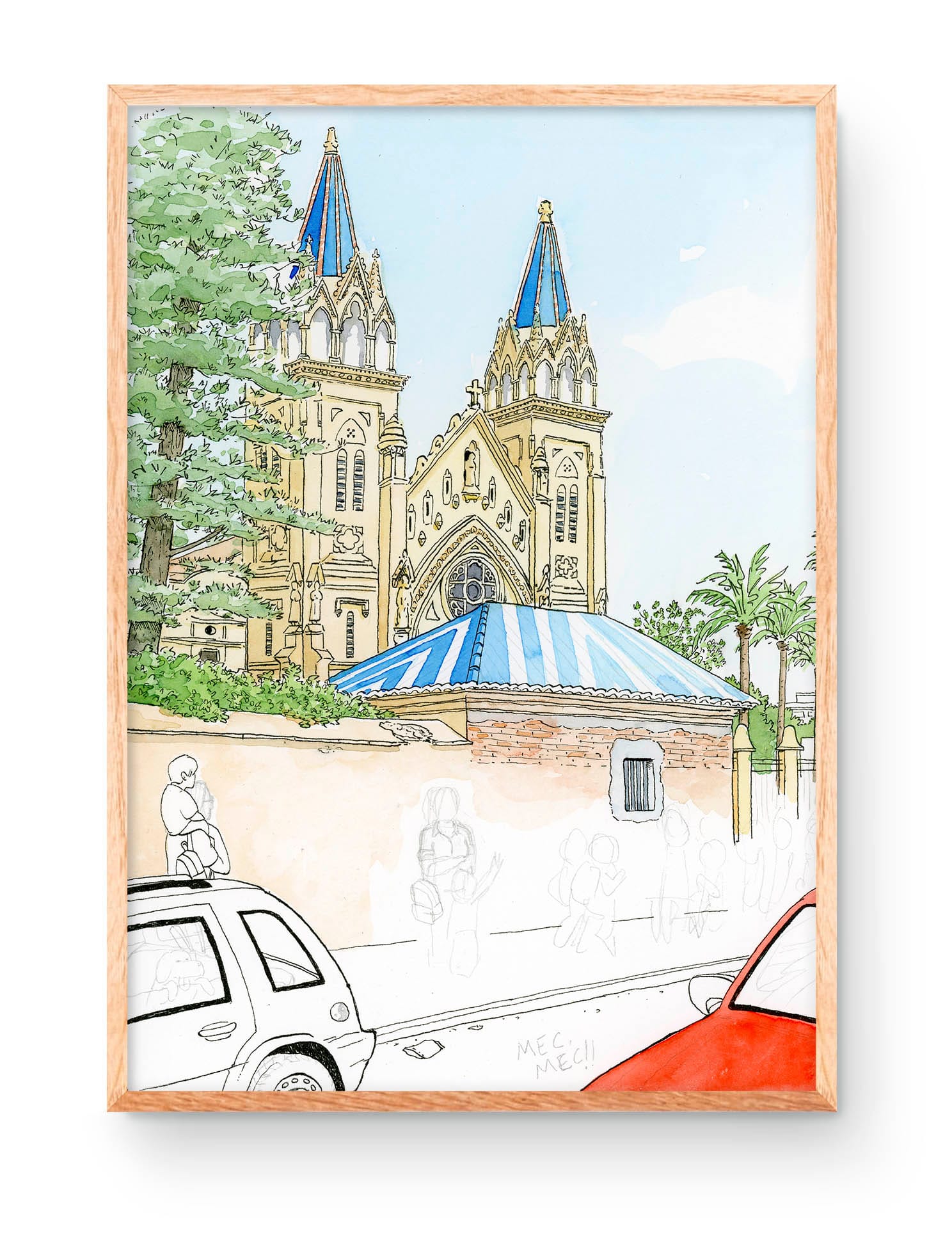 Disegni di città della Comunità Valenciana, stampa con illustrazione della scuola Las Esclavas nella città di Benirredrà e di Gandía nella regione di Safor. Acquerello su carta.